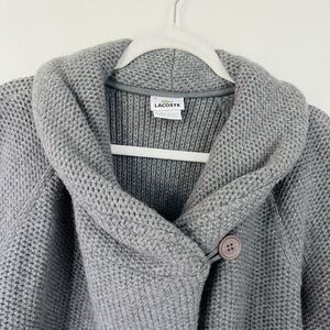 Lacoste Gray Wool Thick Knit Cardigan Sweater Quiet Luxury Preppy Womens 44 XL